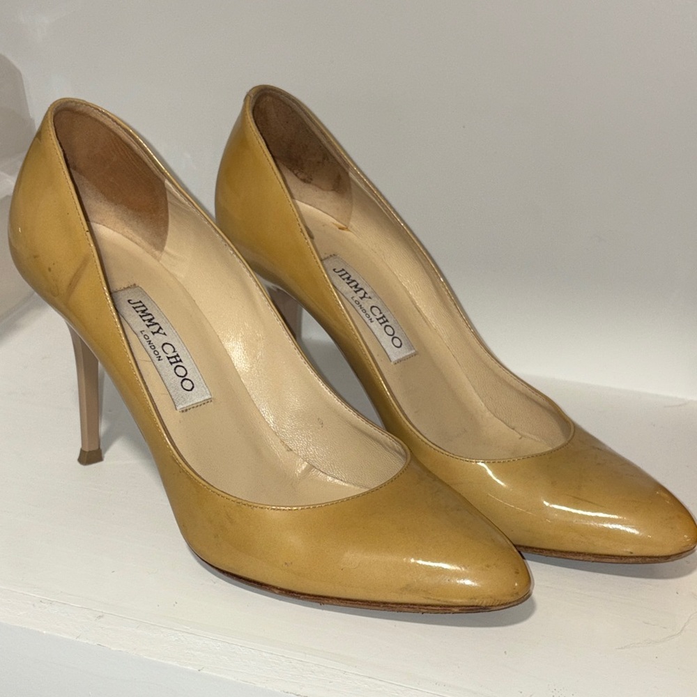 Jimmy Choo Stiletto- light mustard yellow w/ a patent leather outside life left